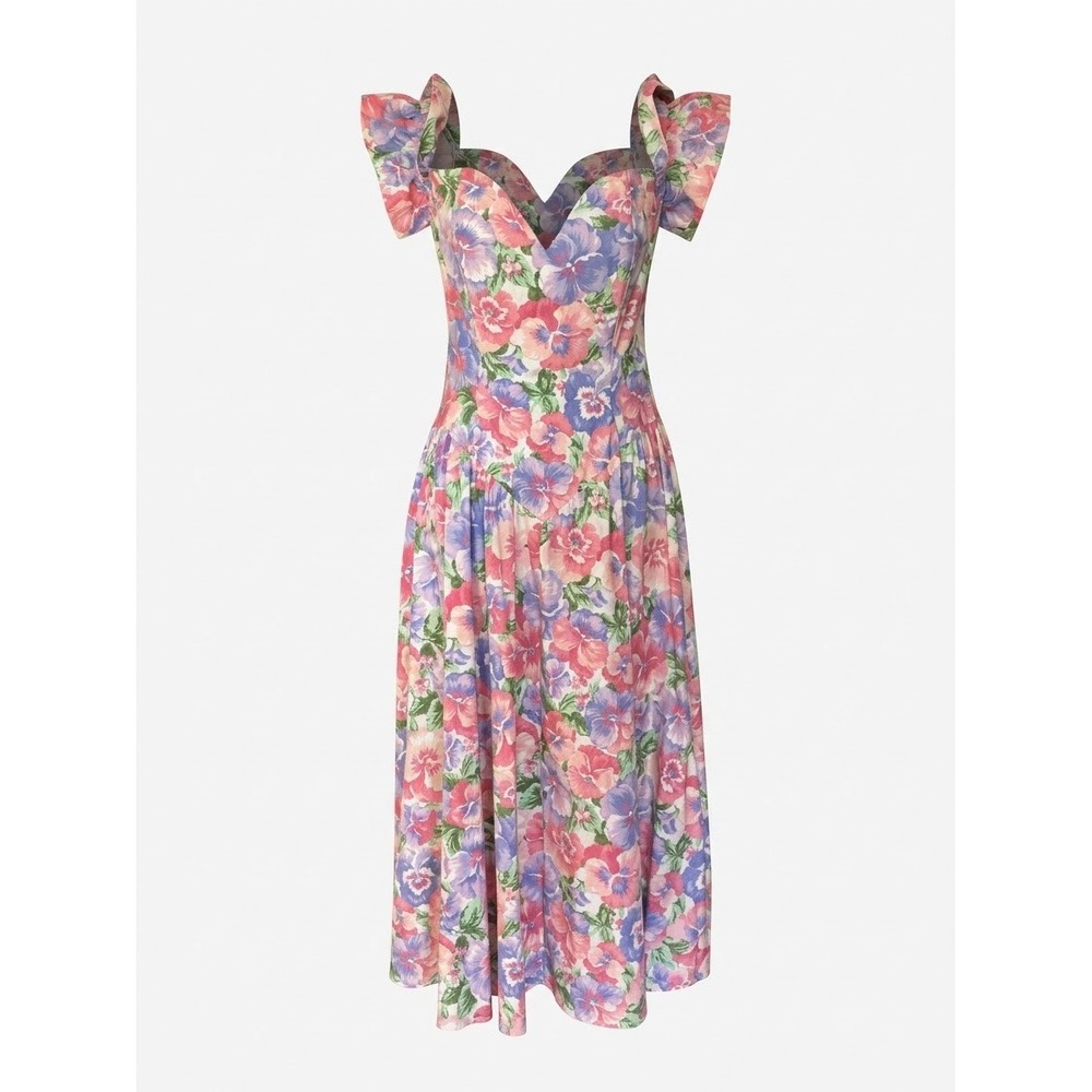 Vintage 80s EXPO Floral Midi Dress Pansy Print Ruffle Sleeve S 8 HOCO Pinup